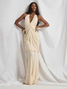 MUSERA Deep V Plunge Loose Sleeveless Ruched Draped Body Floor Length Maxi Dress Cute Holiday Sexy Night Out Vacation Spring Summer Elegant Soleil Drape - Light Yellow - View 1