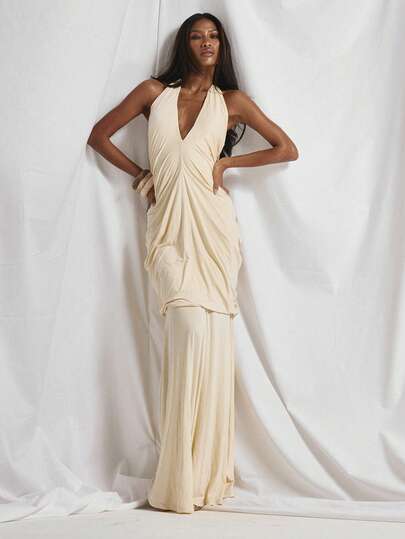 MUSERA 深V领宽松无袖褶皱垂褶及地长款连衣裙，可爱假日性感夜生活度假春夏优雅阳光垂褶