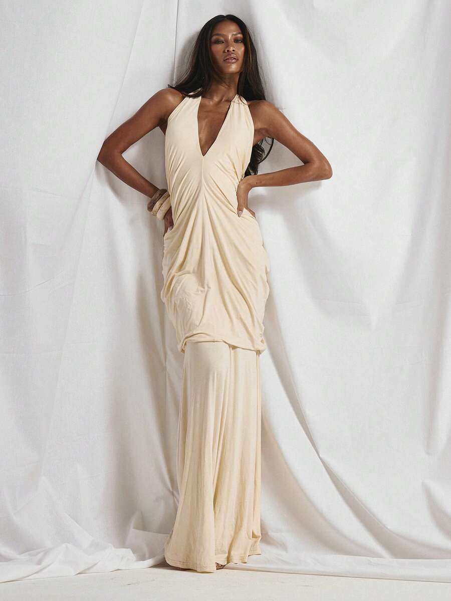 MUSERA Deep V Plunge Loose Sleeveless Ruched Draped Body Floor Length Maxi Dress Cute Holiday Sexy Night Out Vacation Spring Summer Elegant Soleil Drape - Light Yellow - View 1