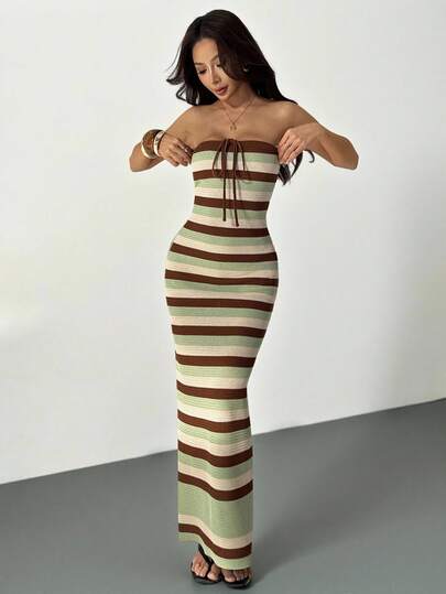 SHEIN PETITE 钩针编织夏季浪漫度假春夏撞色修身手工交叉无肩带女式长裙