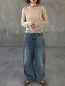 FRIFUL 女士修身蕾丝衬衫，圆领长袖，薄纱质感面料，休闲百搭，适合度假和海滩穿着 - 卡其色 - 查看 2