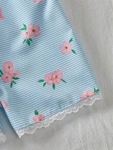 Young Girls Romper, Blue Striped Floral Print, Delicate Ruffle Design, Elastic Waist With Belt, Shorts - Multicolor - View 5