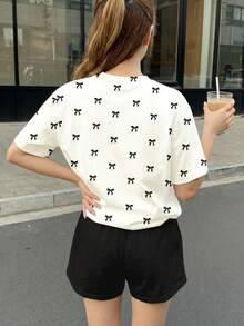 Ensemble 2 pièces avec t-shirt à manches courtes col rond ample et short, imprimé nœud, décontracté pour ado fille, convient pour le printemps et l'été - Multicolore - Voir 2