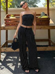 Muchica Women's New Polka Dot Print Cropped Tube Top And Wide Leg Pants Set, Black & White, Spring/Summer - Black - View 5