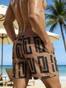ZELFYO Men's Geometric Print Drawstring Waist Double-Layer Beach Shorts Men Brown Swim Trunks Tan Swim Trunks Men Shorts Graphic Mens Statement Print Shorts Fashion Designer Mens Swim Trunk Funny - Coffee Brown - View 4
