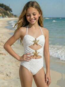 SHEIN Tween Girl Casual Vacation White 1pc Detachable Strap Hollow Starfish Accent Ruched One-Piece Swimsuit, Summer Beach - White - View 2