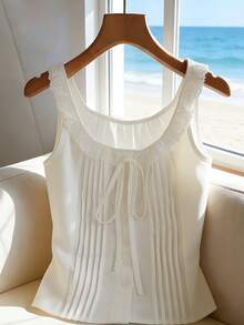 Trelyra 女士法式优雅蕾丝拼接圆领蝴蝶结无袖短款休闲百搭背心，春夏款 - 白色 - 查看 1