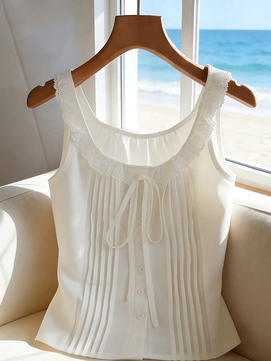 Trelyra 女士法式优雅蕾丝拼接圆领蝴蝶结无袖短款休闲百搭背心，春夏款 - 白色 - 查看 1