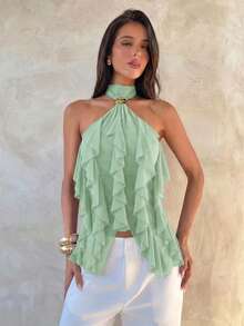Aloruh Áo camisole nữ thanh lịch nhiều lớp, cổ đứng, viền bèo nhún, ôm sát. - Màu xanh Ô liu - Xem 8