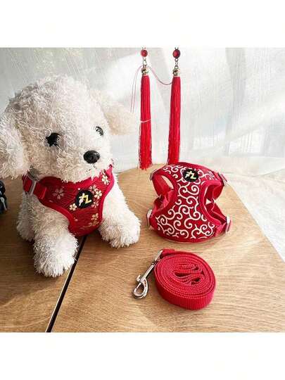 Dây dắt chó kiểu Trung Quốc họa tiết hoa jacquard dành cho chó nhỏ và vừa, dây đeo ngực có thể điều chỉnh, thích hợp cho chó Teddy, Poodle, Chihuahua khi đi dạo.