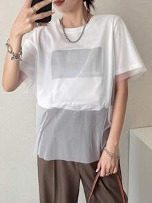 FRIFUL Women's Summer Solid Color Patchwork Sheer Mesh Loose Casual Versatile T-Shirt - White - View 5