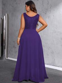 Maweii 大码V领无袖纯色简约腰部褶皱优雅连衣裙，圣诞节女士长款服装紫色正式连衣裙优雅女装 - 紫色 - 查看 2