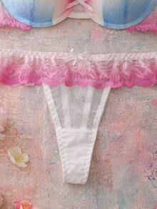 Elorette 2 piezas Conjunto de sujetador balconette con encaje de flores y degradado de color, sujetador con aros de alto soporte y push up, sujetador cómodo de uso diario para mujer, primavera/verano - Rosa - Ver 4