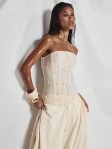 MUSERA Áo quây corset có gọng đính pha lê hình giọt nước, kiểu dáng dễ thương, thích hợp cho mùa hè, xuân, đi chơi hoặc các dịp đặc biệt. - Màu be - Xem 5