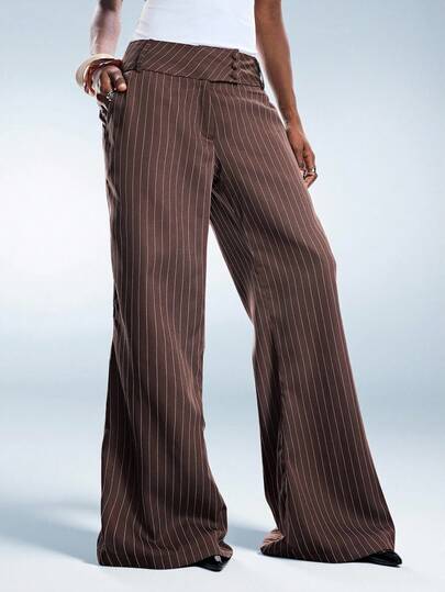 GENKIRA Khaki Striped Low-Waist Flared Pants, Retro Casual Style, Neat Tailoring Flattering Leg Shape And Length, Suitable For Vintage Daily Outfits