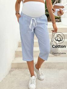 SHEIN Maternity Casual Adjustable Waist Striped Pants - Blue and White - View 9