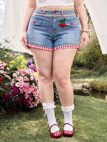 Sweetness Shorts vaqueros de talla grande con bloques de color, diseño campestre dulce para primavera/verano - Azul - Ver 4