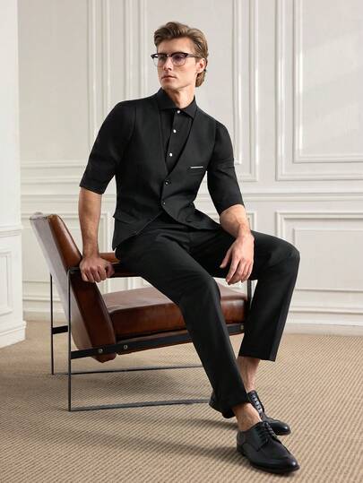 Officeau 2pcs Men's Casual Solid Color Business Vest And Suit Pants Set