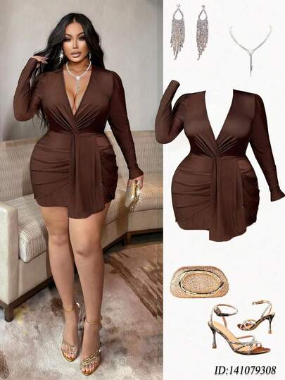 NU&NOW 大码女装连衣裙，秋季收腰紧身连衣裙，深 V 领，性感派对迷你连衣裙；大码女装连衣裙，秋季收腰紧身连衣裙，百搭纽扣设计高领，性感派对迷你连衣裙，冬季