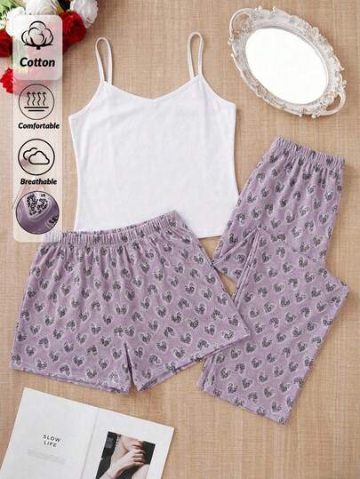 SHEIN 3pcs Cottonline Women Solid Color Sexy Strappy Sleep Top + Heart Leopard Love Patterned Sleep Shorts + Long Sleep Bottoms Casual Comfort Cute Lounge Pajama Set