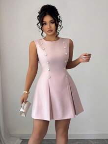 Elenzga Váy mini thanh lịch cổ tròn không tay hai hàng khuy đính vỏ sò đính đá cỡ lớn, buộc eo, màu hồng, dáng chữ A - Hồng - Xem 6