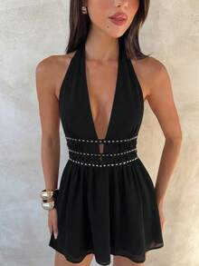 Aloruh 女士休闲优雅露背黑色迷你裙，饰有铆钉，适合音乐节、海滩度假等场合，黑色雪纺迷你连衣裙/性感半身裙/夜店装 - 黑色 - 查看 6