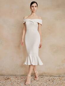 Anewsta Elegant Date Night Fashionable High-End Fishtail Off-Shoulder Midi Dress, Spring/Summer - White - View 7
