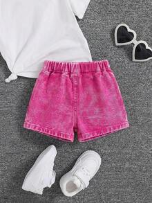 SHEIN Baby Girl's Spring Summer Boho Cute Pleated Skirt, Ruffle Trim Wrap Elastic Waist Comfortable Soft Denim Skorts Jeans Shorts - Pink - View 2