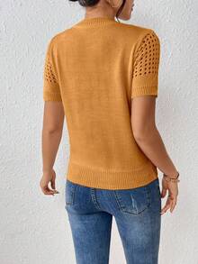 EMERY ROSE Women's Round-Neck Solid Color Short-Sleeved Knitted Top For Summer For New Year Clothes - Mustard Yellow - View 2