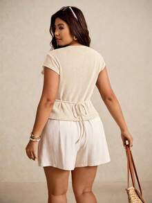 Elaquor Áo thun nữ cỡ lớn cổ chữ V tay ngắn kiểu dáng thường ngày - Màu be - Xem 4