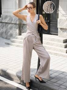 Women's Spring/Summer Striped 2-Piece Set, V-Neck Tie Waistcoat Vest And Straight Leg Pants, Fashionable For Commuting - Multicolor - View 2