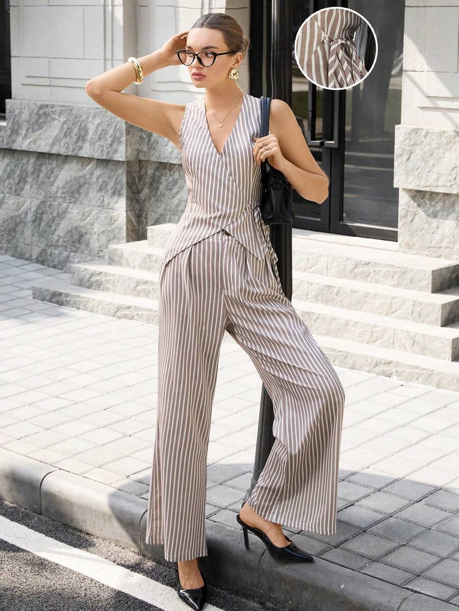 Women's Spring/Summer Striped 2-Piece Set, V-Neck Tie Waistcoat Vest And Straight Leg Pants, Fashionable For Commuting