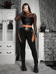 Whyspr 女士街头风长款抽绳针织打底裤，春夏款 - 黑色 - 查看 6