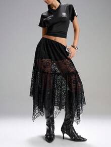LYSMO 女士时尚性感透视蕾丝不对称下摆半身裙 - 黑色 - 查看 4