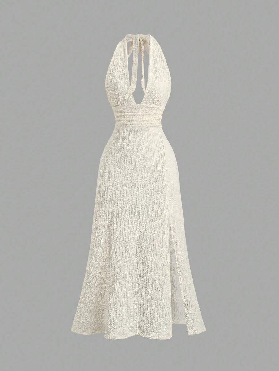 Sweetra Sexy Halter Deep V-Neck Backless Fitted Slit Solid Color Dress - Apricot - View 1