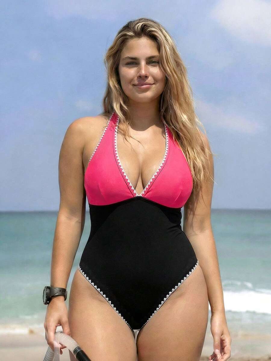 Swim SPRTY Traje de baño de una pieza con volantes en el bajo y corte cruzado en el cuello para mujer talla grande, nueva colección Primavera/Verano 2026 - Multicolor - Ver 1