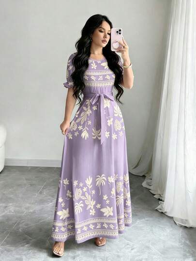 Modelyn Vestido de línea A de manga larga con cuello redondo, con estampado digital de flores y patrón triangular, cintura ceñida, de moda, para primavera