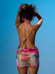 MUSERA Vestido mini ajustado con cuello halter, busto fruncido, drapeado sobre la cintura, detalle de lazo en la espalda, de malla, para verano, sexy, salir, playa, vacaciones, Ibiza, club, fiebre tropical - Multicolor - Ver 4