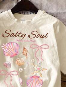 奶油杏色，Salty Soul 甜美海星贝壳珍珠蝴蝶结图案T恤，少女休闲简约短袖圆领T恤，适合日常穿着、街头风、外出、居家、度假、返校、春夏可爱沙滩T恤、夏季T恤 - 彩色 - 查看 5