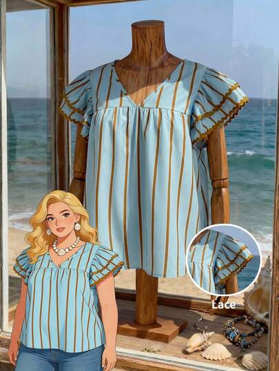 EMERY ROSE Blusa holgada de mujer talla grande de verano, casual y de vacaciones, con estampado de bloques de color y rayas, cuello en V, volantes en los brazos