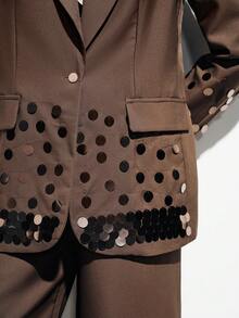 Aveloria Modichic Mocha Brown Suit Set For Women,Brown Polka Dot,Summer,Elegant,Party Night,Wide-Shoulder Blazer Jacket & Straight-Leg Pants,Handcrafted Metal Sequin - Brown - View 7