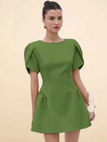 BELROSIE Italian Style Tulip 3D Short Sleeve Round Neck Peplum Hem Split Skirt Women Short Princess Dress - Green - View 4