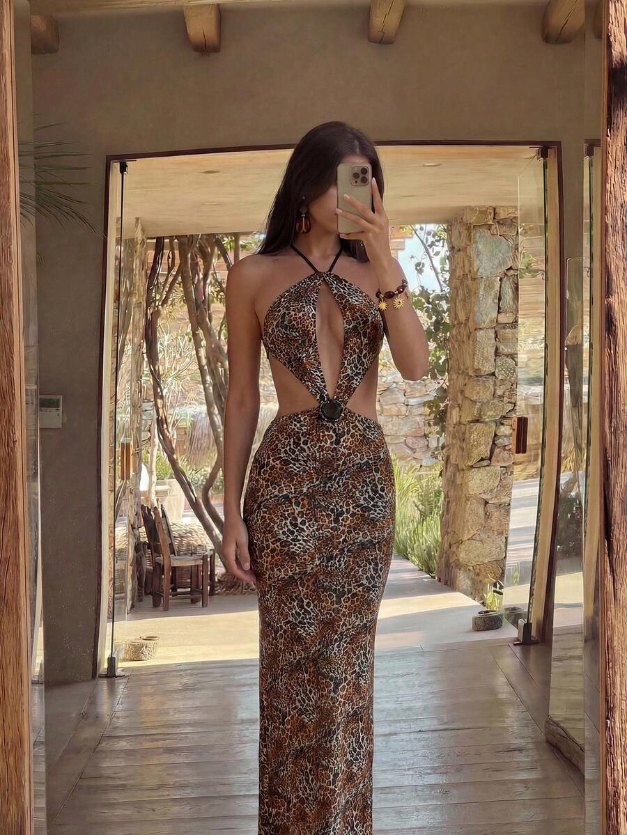 Bonvoyette 女士优雅时尚豹纹针织度假连衣裙 - 彩色 - 查看 1