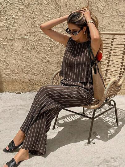 SHEIN Frenchy Bộ đồ nữ kẻ sọc gồm áo hai dây và quần dài, kiểu dáng thường ngày, gồm 2 món.
