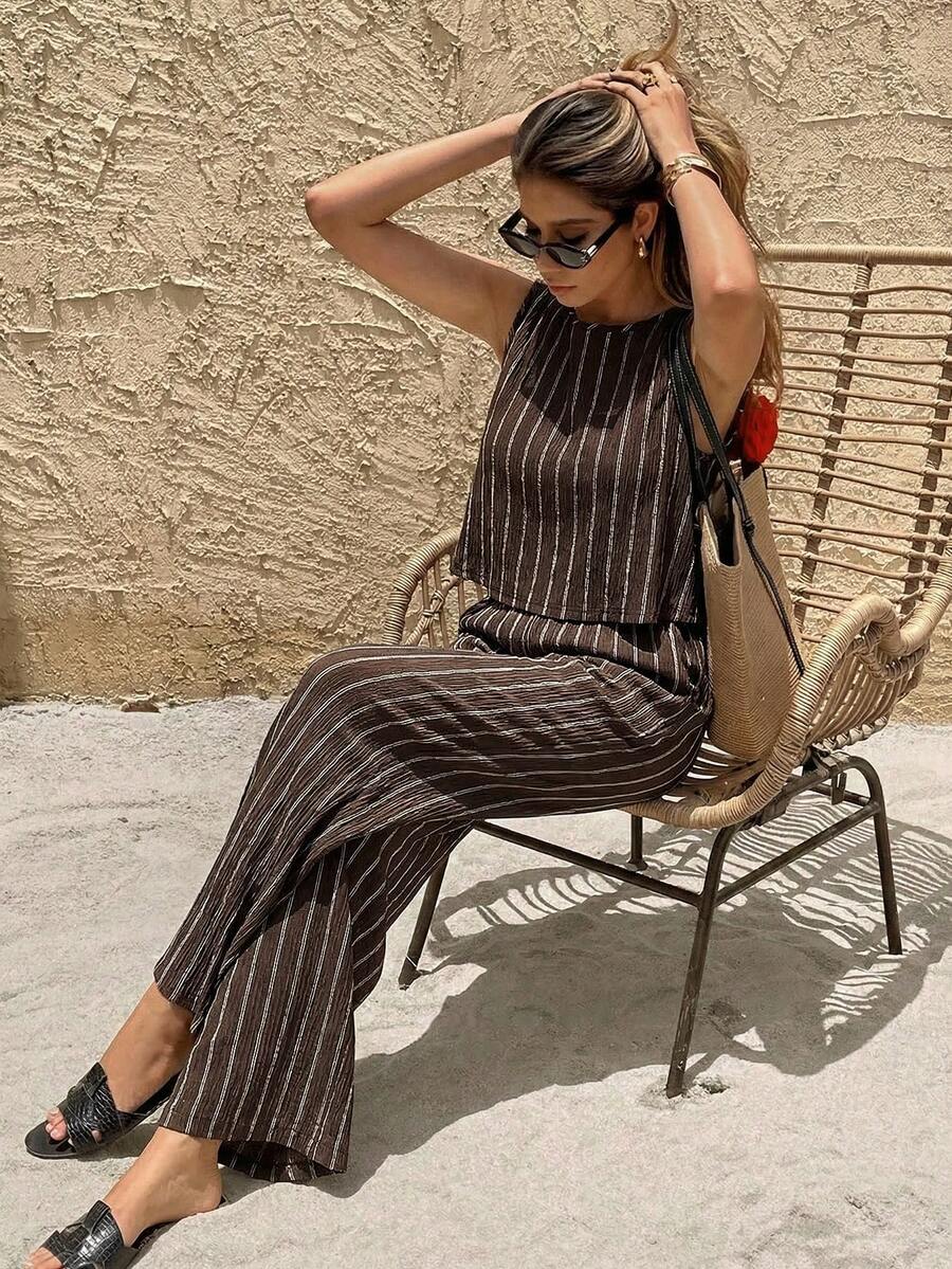 SHEIN Frenchy Women's Striped Print Camisole And Pants Casual 2 Pieces Set - Brown - View 1