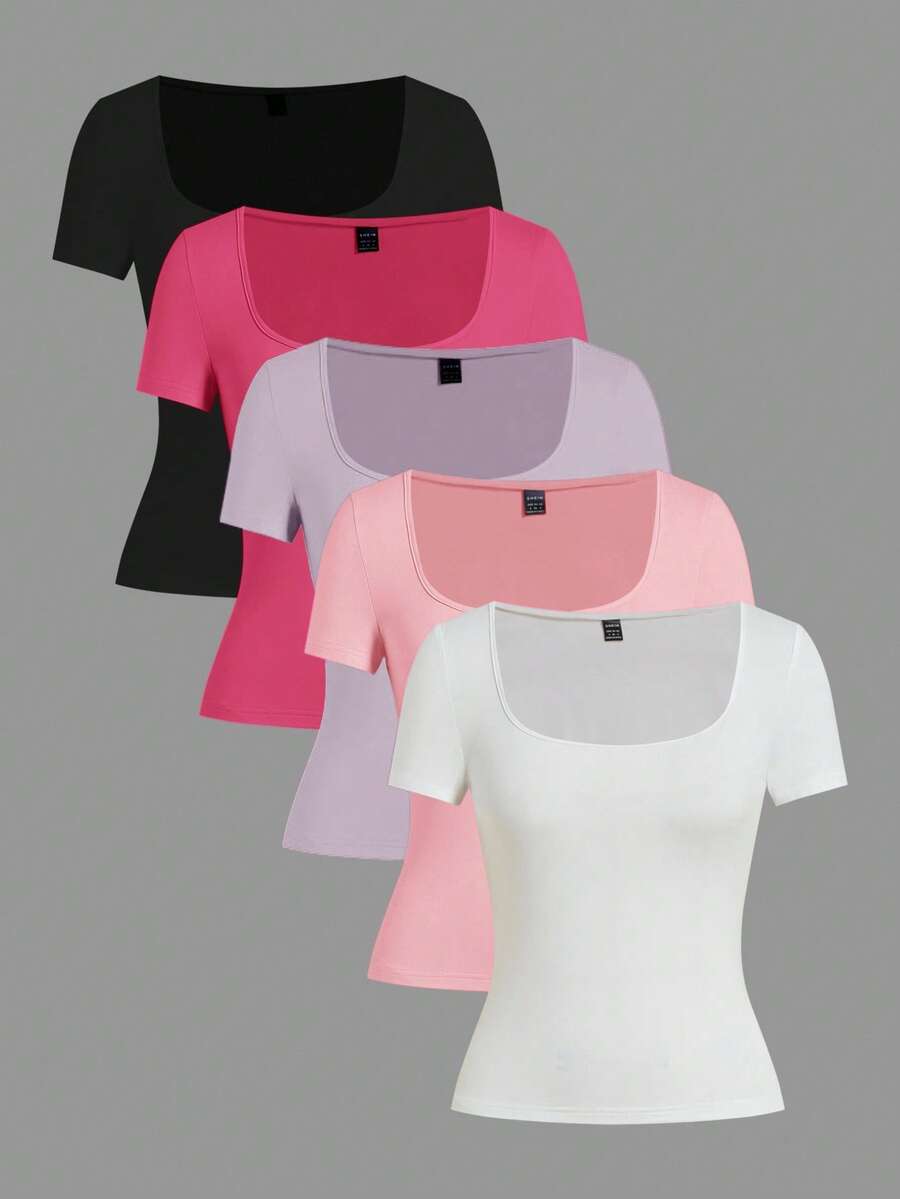 SHEIN EZwear 多色针织女式T恤，多件装批发女装短袖上衣，夏季女式上衣，女式T恤 - 彩色 - 查看 1