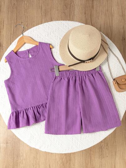 Tween Girl Solid Color Ruffle Trim Tank Top And Shorts Set, Casual Summer Outfit