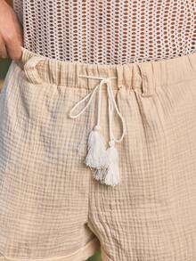 Open Phase 男式休闲编织双层皱褶面料抽绳腰短裤（带腰带环） - 卡其色 - 查看 5