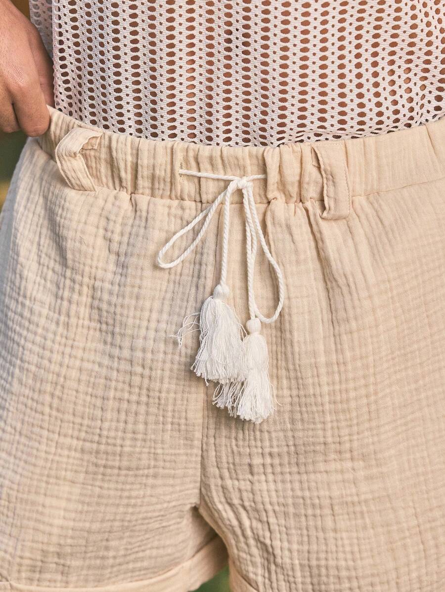 Whitmere Pantalones cortos casuales para hombres con cintura con cordón y presillas para cinturón, de tela arrugada de doble capa, estilo retro americano, unisex, ajuste relajado, adecuados para uso diario y atuendos de verano. - Caqui - Ver 1