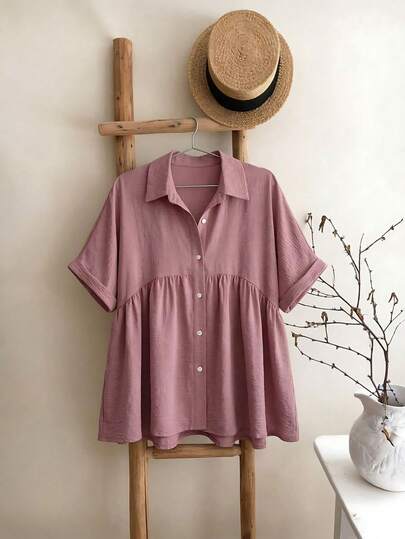 SHEIN Frenchy Women Plus Size Front Open Design Textured Fabric Comfortable Casual Short Sleeve Blouse, Suitable For Spring/Summer Women Spring Tops Summer Women Tops Elegant Women Dresses